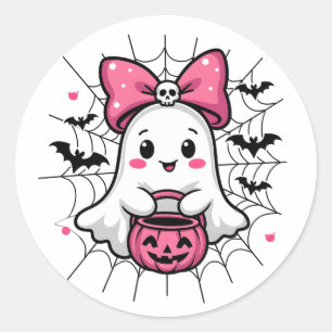 Spooky Ghost with Pink Bow Breast Cancer Awareness Classic Round Sticker