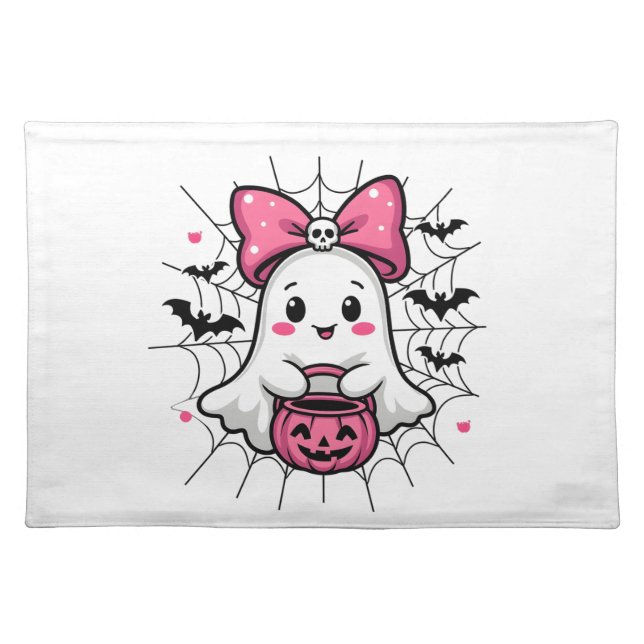 Spooky Ghost with Pink Bow Breast Cancer Awareness Cloth Placemat (Front)