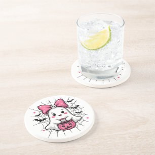 Spooky Ghost with Pink Bow Breast Cancer Awareness Coaster