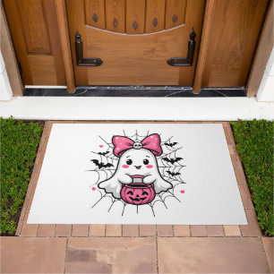 Spooky Ghost with Pink Bow Breast Cancer Awareness Doormat