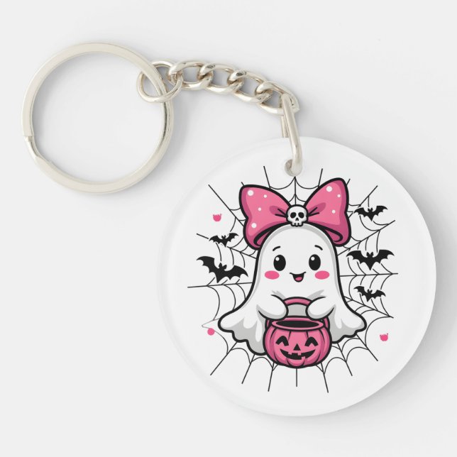 Spooky Ghost with Pink Bow Breast Cancer Awareness Keychain (Front)