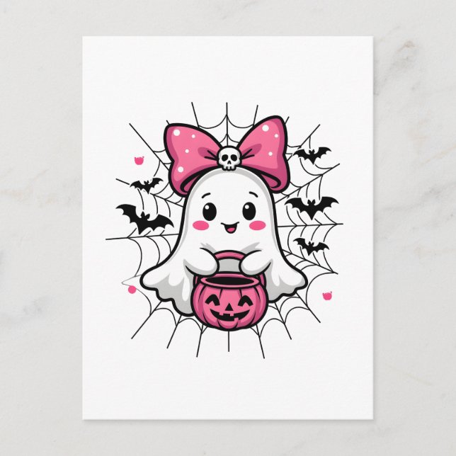 Spooky Ghost with Pink Bow Breast Cancer Awareness Postcard (Front)