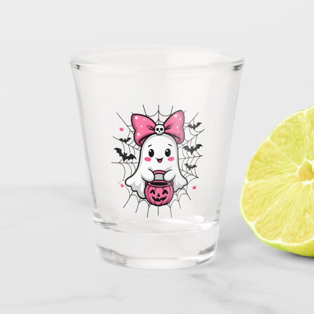 Spooky Ghost with Pink Bow Breast Cancer Awareness Shot Glass (Front)