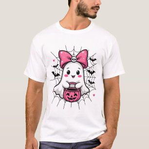 Spooky Ghost with Pink Bow Breast Cancer Awareness T-Shirt