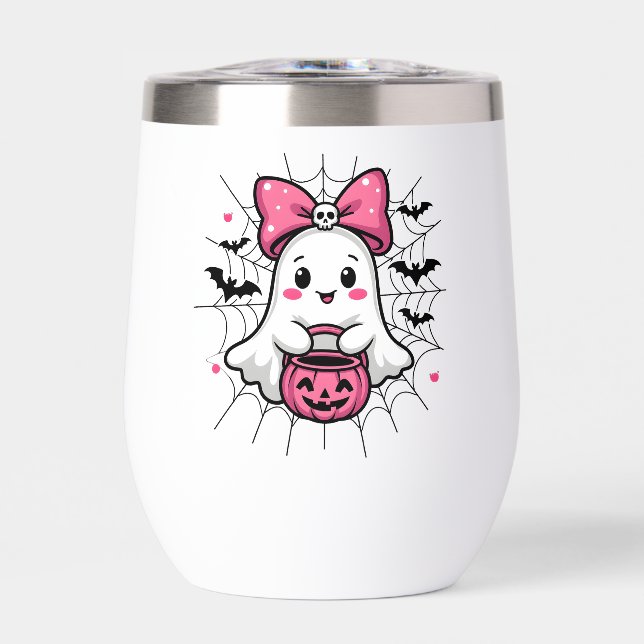 Spooky Ghost with Pink Bow Breast Cancer Awareness Thermal Wine Tumbler (Front)