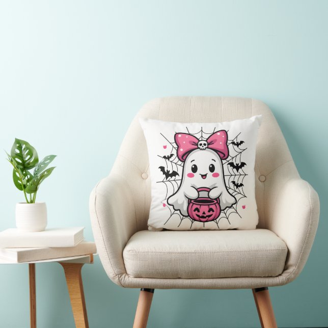 Spooky Ghost with Pink Bow Breast Cancer Awareness Throw Pillow (Chair)