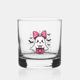 Spooky Ghost with Pink Bow Breast Cancer Awareness Whiskey Glass