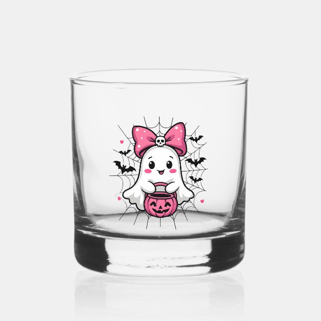 Spooky Ghost with Pink Bow Breast Cancer Awareness Whiskey Glass (Back)
