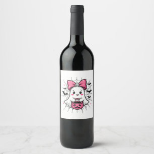 Spooky Ghost with Pink Bow Breast Cancer Awareness Wine Label