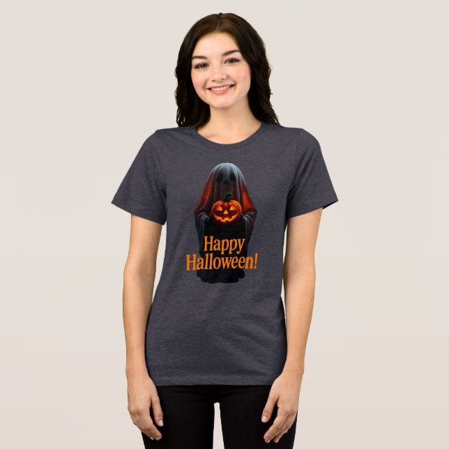Spooky Ghost with Pumpkin – Happy Halloween  Tri-Blend Shirt (Front Full)