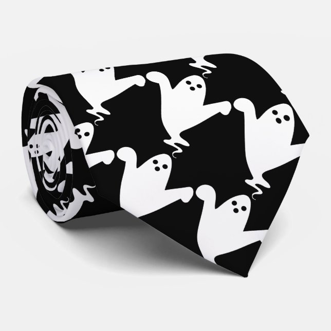 Spooky Ghosts Black and White Halloween Tie (Rolled)