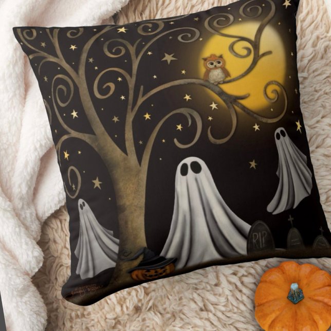 Spooky Ghosts Halloween Night Moon Tree  Throw Pillow (Scary ghosts Halloween Inspirivity pillow. )