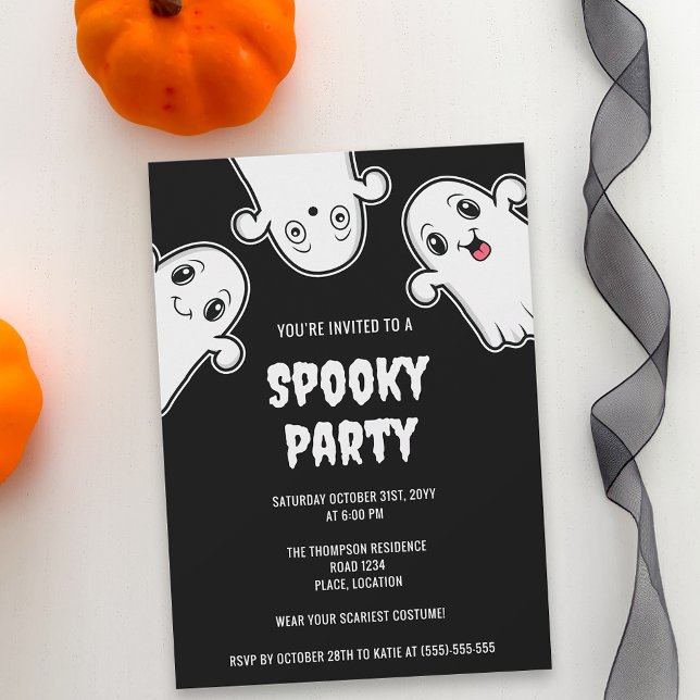 Spooky Ghosts Halloween Party Black And White Invitation (Fun and cute ghost design for a spooky Halloween party. Personalize with your custom text.)