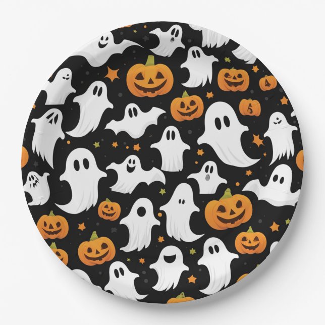 Spooky Ghosts Pumpkins Black Halloween Paper Plate (Front)