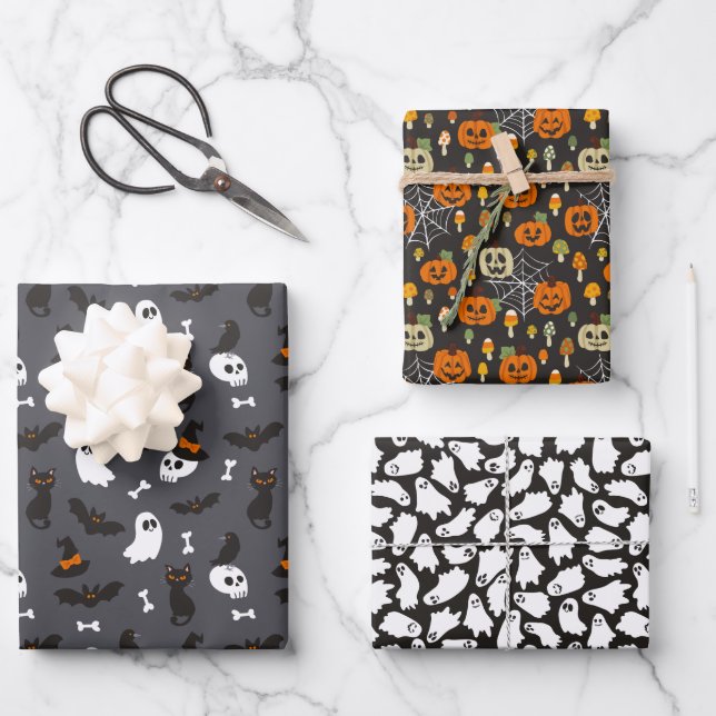Spooky Ghosts Pumpkins Skulls Halloween Patterns Wrapping Paper Sheets (Front)