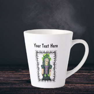 Spooky Girl Face Tattoos Green Hat Barbed Frame Latte Mug