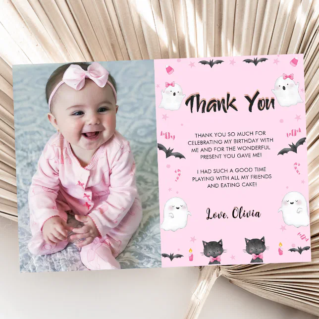 Spooky Girl Halloween Birthday Party Photo Thank You Card | Zazzle