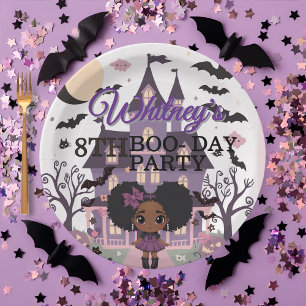 Spooky Girl Purple afro-puff Birthday Party Paper Plates