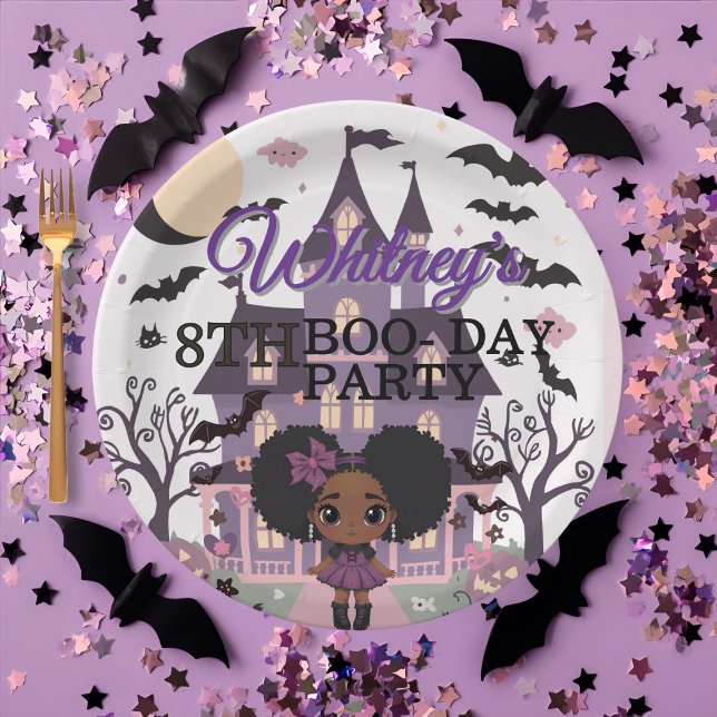Spooky Girl Purple afro-puff Birthday Party Paper Plates (Spooky Girl Purple afro-puff Birthday Party Paper Plates)