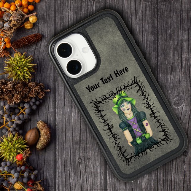Spooky Girl Tattoos in Black Barbed wire Grey Otterbox iPhone Case (Spooky Gothic girl tattoos in black barbed wire frame on glowing green grey iPhone case.)