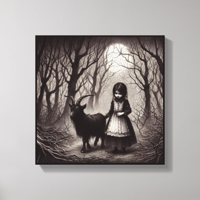Spooky Girl With Goat Black Phillip Haunted Forest Canvas Print (Front)