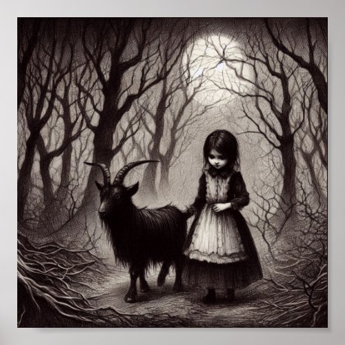 Spooky Girl With Goat Black Phillip Haunted Forest Poster