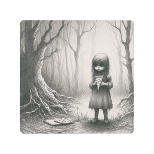 Spooky Girl with Pizza Horror Creepy Illustration Metal Print
