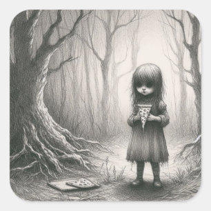 Spooky Girl with Pizza Horror Creepy Illustration Square Sticker