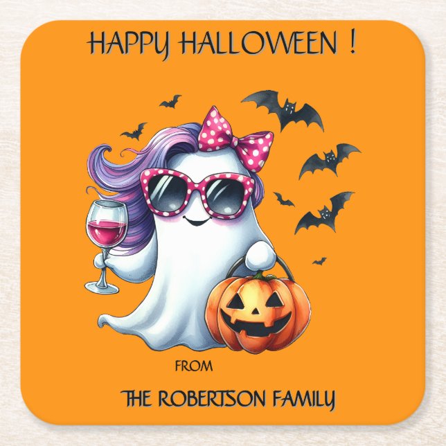 Spooky Girly Ghost Halloween  Square Paper Coaster (Front)