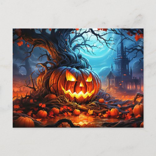 Spooky Glowing Pumpkin In the Forest Postcard
