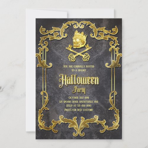 Spooky Gold Vintage Halloween Party Gothic Skull Invitation