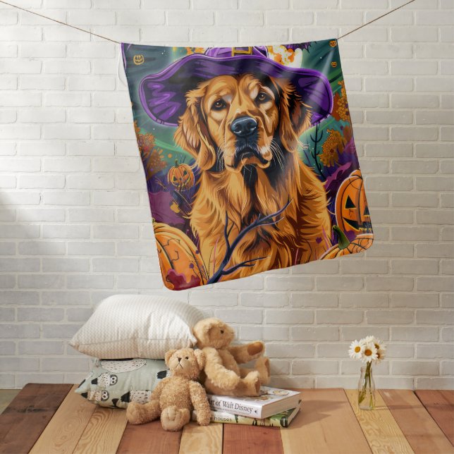 Spooky Golden Retriever Halloween Witch Pumpkin Baby Blanket (In Situ)