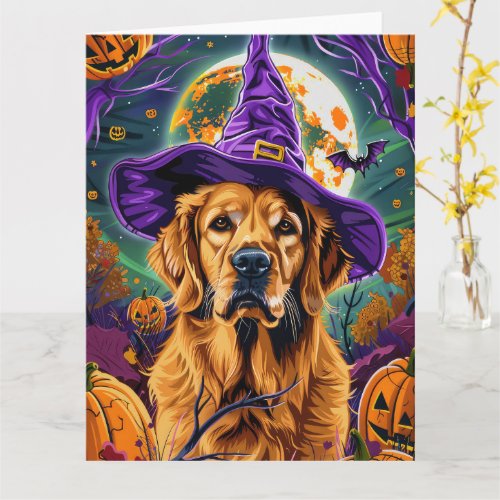 Spooky Golden Retriever Halloween Witch Pumpkin Card