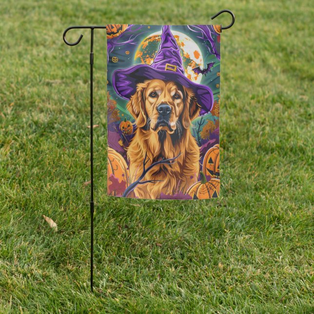 Spooky Golden Retriever Halloween Witch Pumpkin Garden Flag (In SItu)
