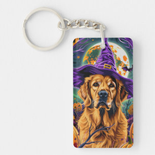 Spooky Golden Retriever Halloween Witch Pumpkin Keychain