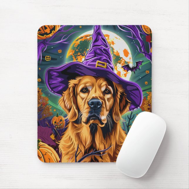 Spooky Golden Retriever Halloween Witch Pumpkin Mouse Pad (With Mouse)