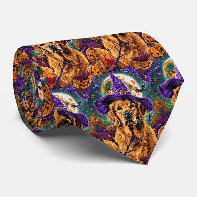 Spooky Golden Retriever Halloween Witch Pumpkin Neck Tie (Rolled)