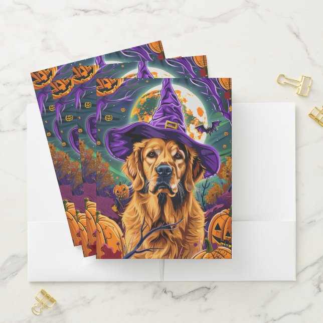 Spooky Golden Retriever Halloween Witch Pumpkin Pocket Folder (In Situ)