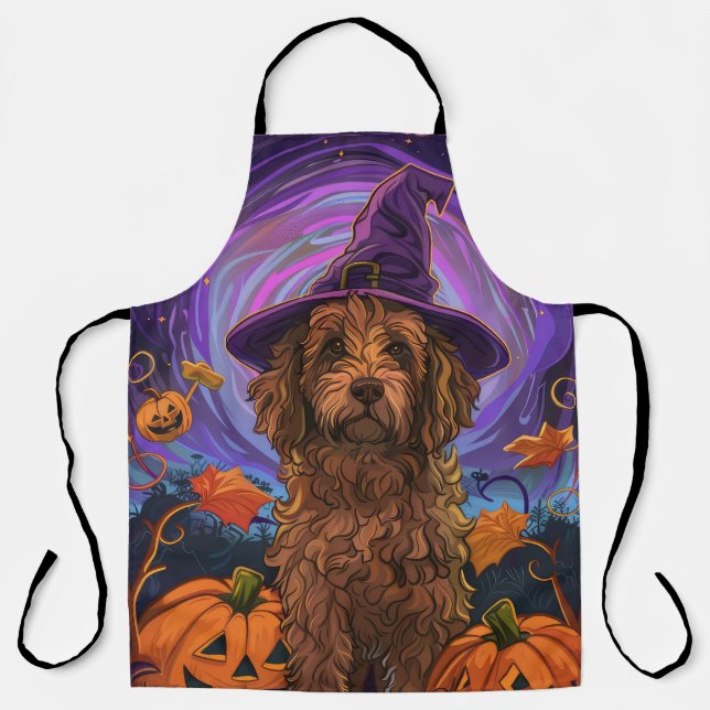 Spooky Goldendoodle Dog Halloween Witch Pumpkin Apron (Front)