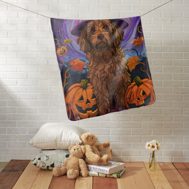 Spooky Goldendoodle Dog Halloween Witch Pumpkin Baby Blanket (In Situ)