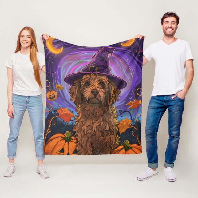 Spooky Goldendoodle Dog Halloween Witch Pumpkin Fleece Blanket (In Situ)