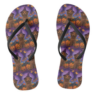 Spooky Goldendoodle Dog Halloween Witch Pumpkin Flip Flops