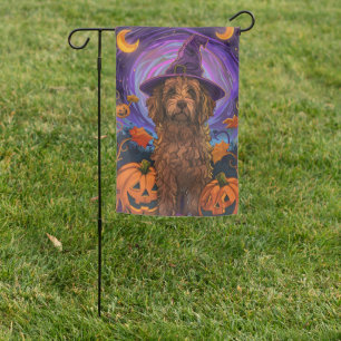 Spooky Goldendoodle Dog Halloween Witch Pumpkin Garden Flag