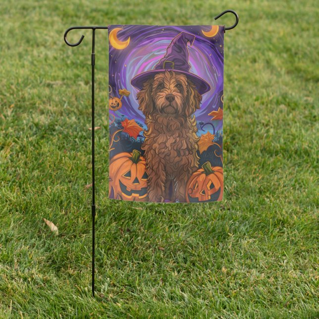 Spooky Goldendoodle Dog Halloween Witch Pumpkin Garden Flag (In SItu)