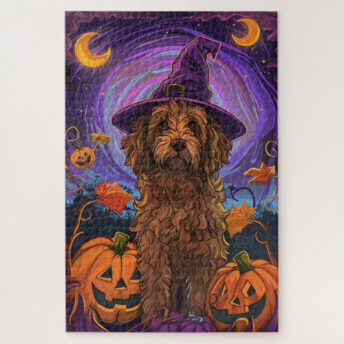 Spooky Goldendoodle Dog Halloween Witch Pumpkin Jigsaw Puzzle