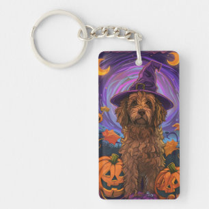 Spooky Goldendoodle Dog Halloween Witch Pumpkin Keychain