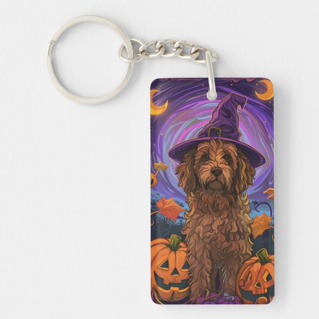 Spooky Goldendoodle Dog Halloween Witch Pumpkin Keychain (Front)