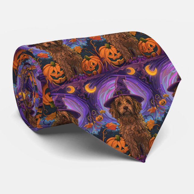 Spooky Goldendoodle Dog Halloween Witch Pumpkin Neck Tie (Rolled)