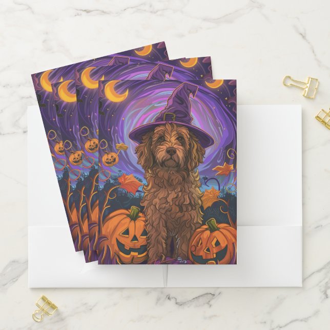 Spooky Goldendoodle Dog Halloween Witch Pumpkin Pocket Folder (In Situ)