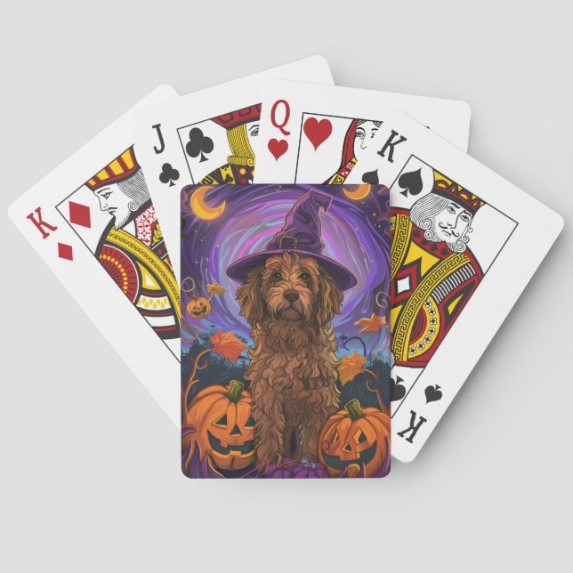 Spooky Goldendoodle Dog Halloween Witch Pumpkin Poker Cards (Back)